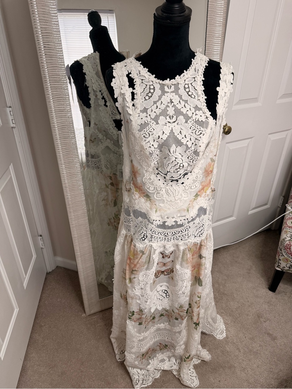 Zimmermann White Lace Maxi Dress with Pastel Floral Accents